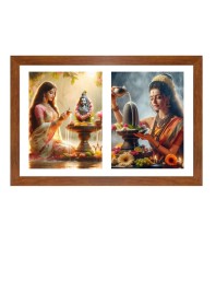 Worshipping lord shiva and lingam Photo Frame - 19x23Inches - Spiritual Artwork for Home Decor, Puja Room and Office Decoration