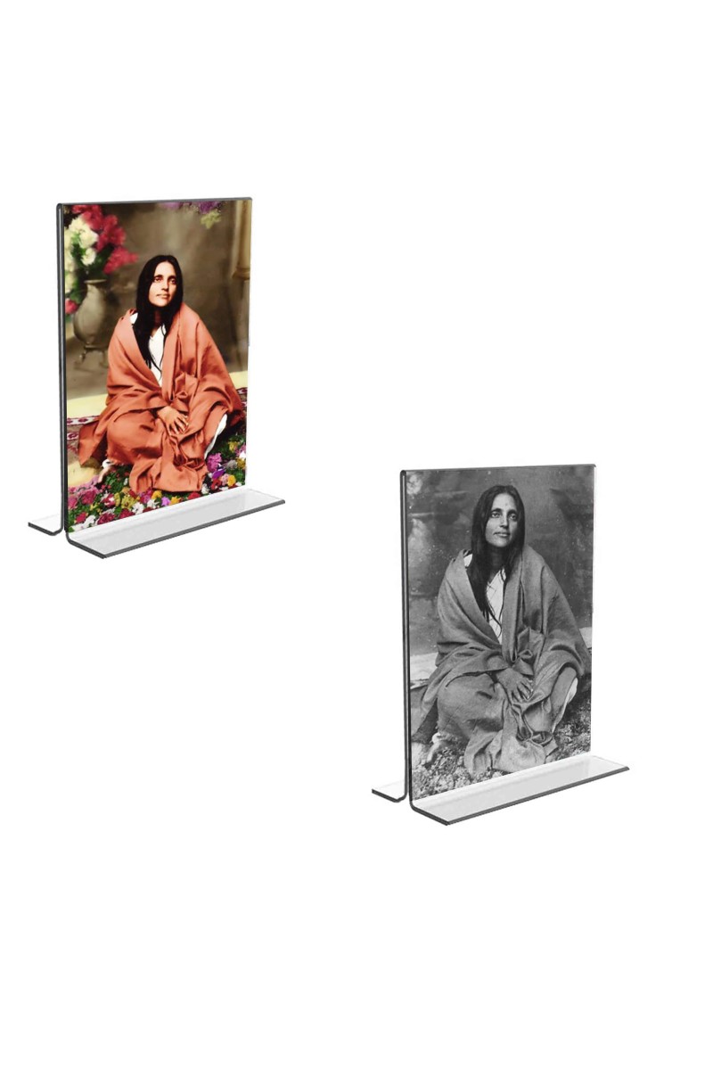 Car Desk/Table Top Maa Anandamayee Maa Acrylic T-Style Photo Stand - 2.5x3.5 Inches, Compact and Stylish Spiritual Display, easily change 2 photos (Pack of 1)
