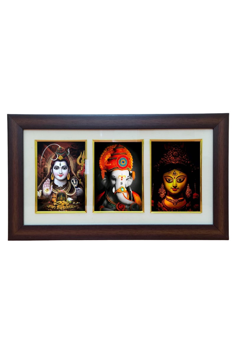 Hi tech Sales Shiv, Ganesh, Maa Durga photo frame || synthetic photo Frame with Glass || Three Gods in Single Frame (Multicolor) for wall, living room, gifts, pooja (brown)