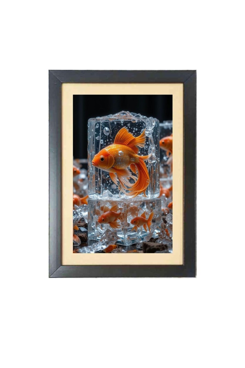 The lovely golden fish Photo Frame Funny Animal and Bird Cartoon Art, Black color, 17x21 Inch