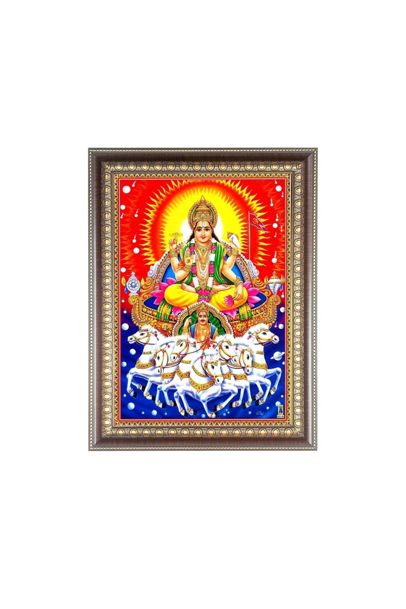 Lord Surya Dev Photo Frame - 14x18 Inches, Brown Wooden Frame for Home, Office & Temple Decoration