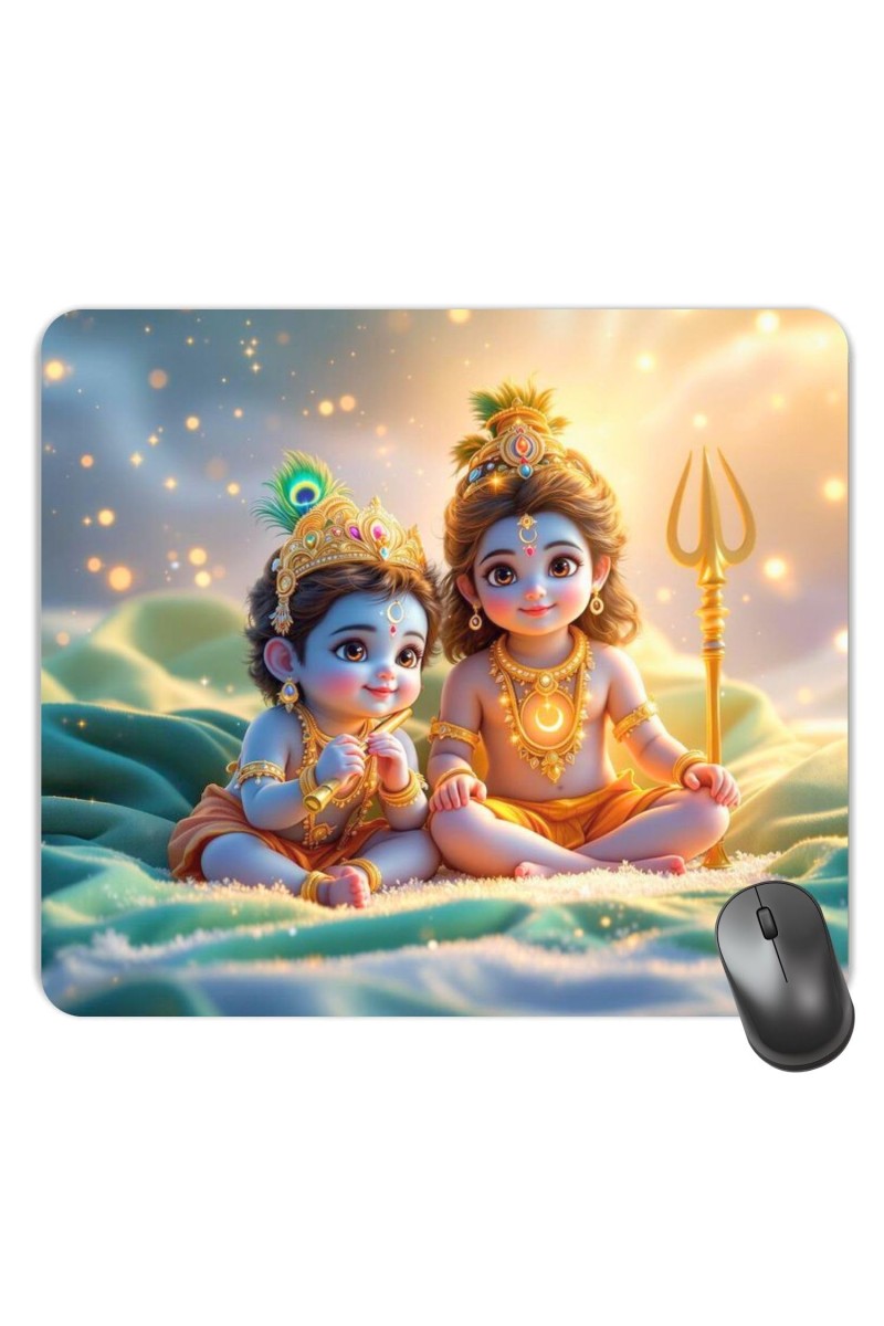 Customized Cute Lord Little Shiva and Krishna Picture Sublimation Mouse Pad | 8 X 7.5 Inch | Smooth Cloth Surface | Non-Slip Rubber Base | Personalized Mousepad for Laptop & Desktop (F17005)