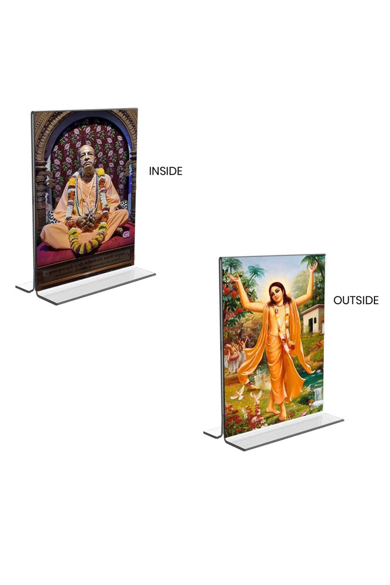 Car Desk/Table Top Sri Chaitanya Mahaprabhu & Swami Prabhupada Acrylic T-Style Photo Stand - 2.5x3.5 Inches, Compact and Stylish Spiritual Display, easily change 2 photos (Pack of 1)