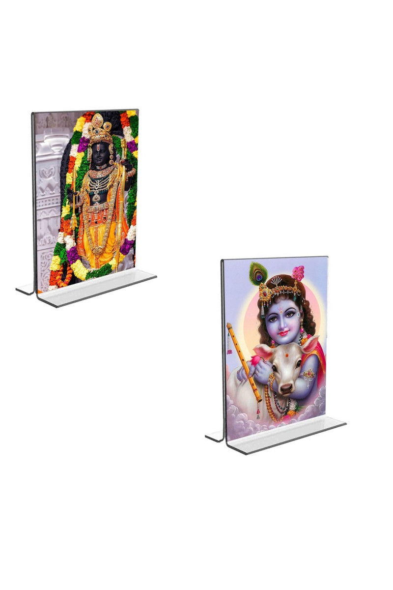 Car Desk/Table Top Lord Ram Lalla & Sri Krishna Acrylic T-Style Photo Stand - 2.5x3.5 Inches, Compact and Stylish Spiritual Display, easily change 2 photos (Pack of 1)