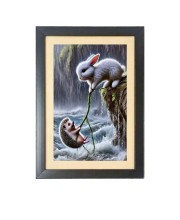 A brave Rabbit saves baby Fox from water Black Photo Frame Funny Animal and Bird Cartoon Art