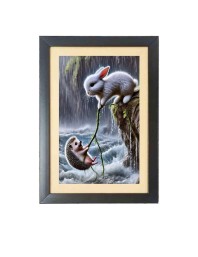 A brave Rabbit saves baby Fox from water Photo Frame Funny Animal and Bird Cartoon Art, Black color, 11x15 Inch