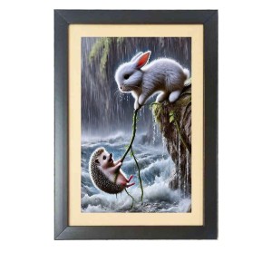 A brave Rabbit saves baby Fox from water Photo Frame Funny Animal and Bird Cartoon Art, Black color, 19x23 Inch