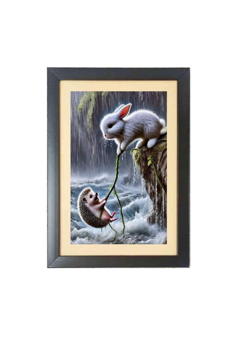 A brave Rabbit saves baby Fox from water Black Photo Frame Funny Animal and Bird Cartoon Art