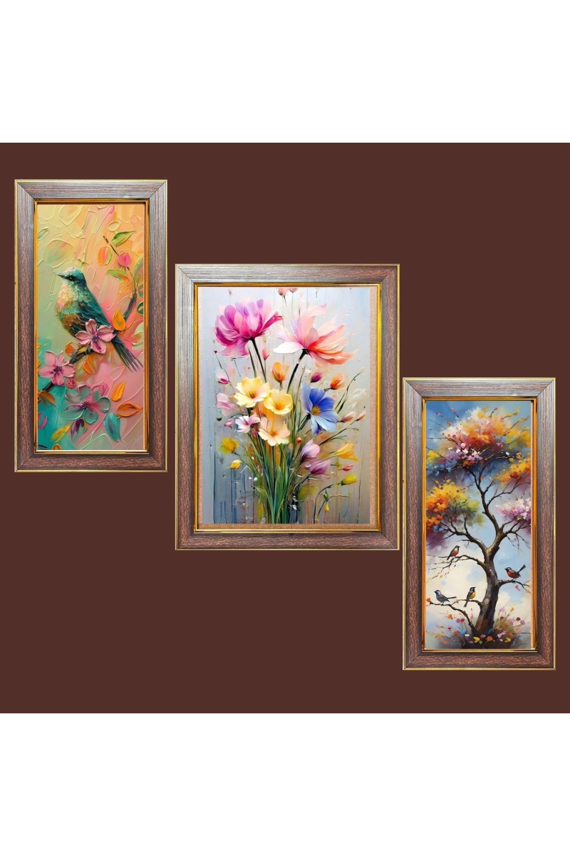 3-Pack Beautiful flowers and tree painting Photo Frames - 2 Pieces 10x17 Inch & 1 Piece 14x17 Inch - Rustic Wall Art for Home & Office Decor - Botanical Wall Hanging for Living Room, Bedroom, or