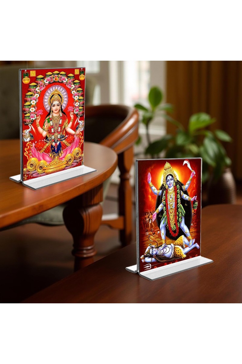 Debi Lakshmi & Debi Kali Acrylic T-Style Photo Stand, Compact and Stylish Spiritual Display, easily change 2 photos (Pack of 1)