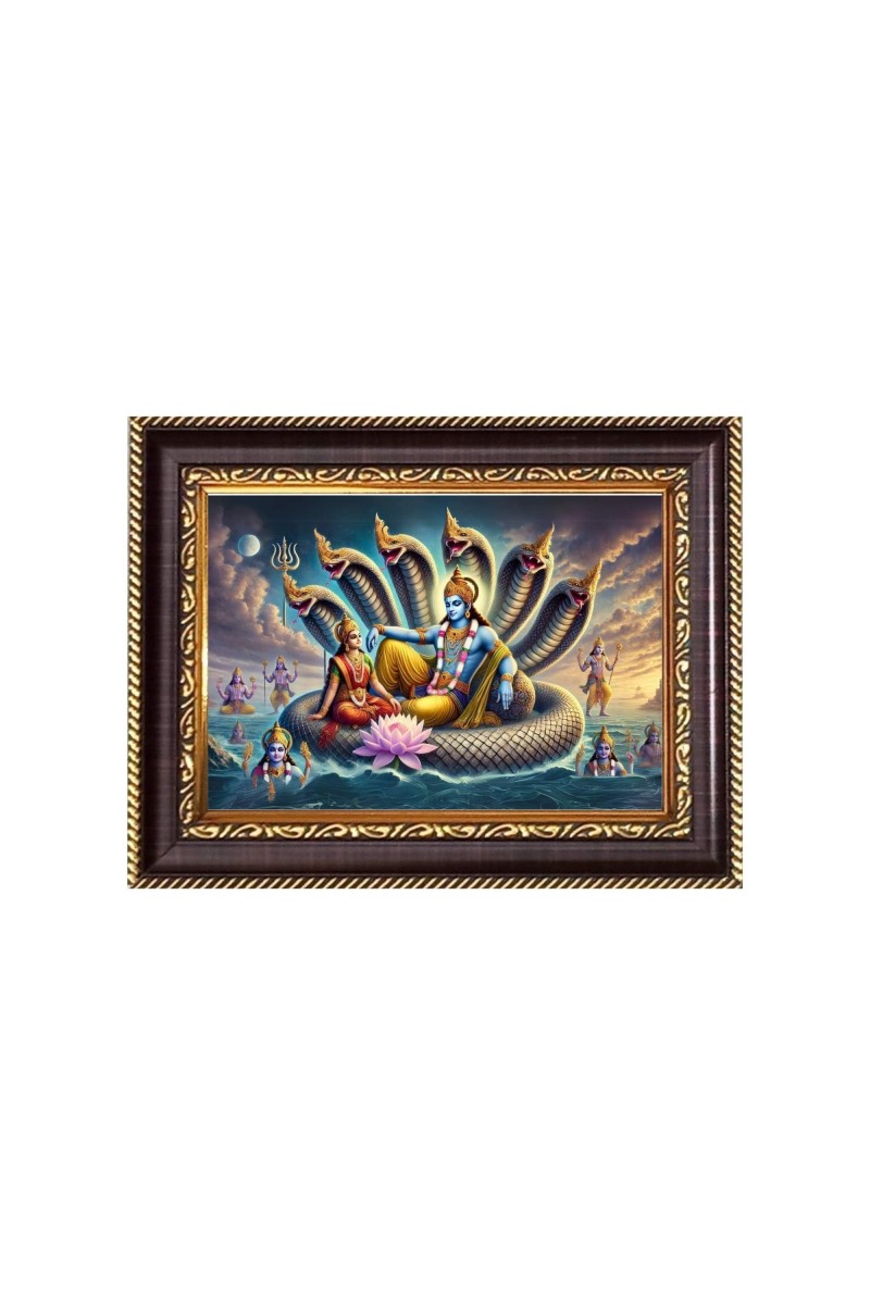 Lord Vishnu and Mata Lakshmi in Sheshnag Digital Print Photo 6.7x8.7 inches - Vibrant Religious Wall Art for Home, Office and Temple Decor.