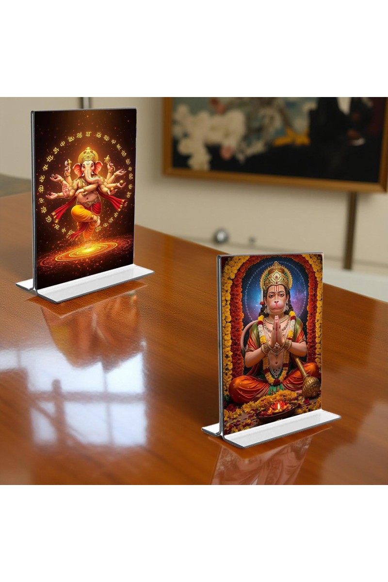 Lord Ganesh & Sri Hanuman Acrylic T-Style Photo Stand - 5x7 Inches, Compact and Stylish Spiritual Display, easily change 2 photos (Pack of 1)