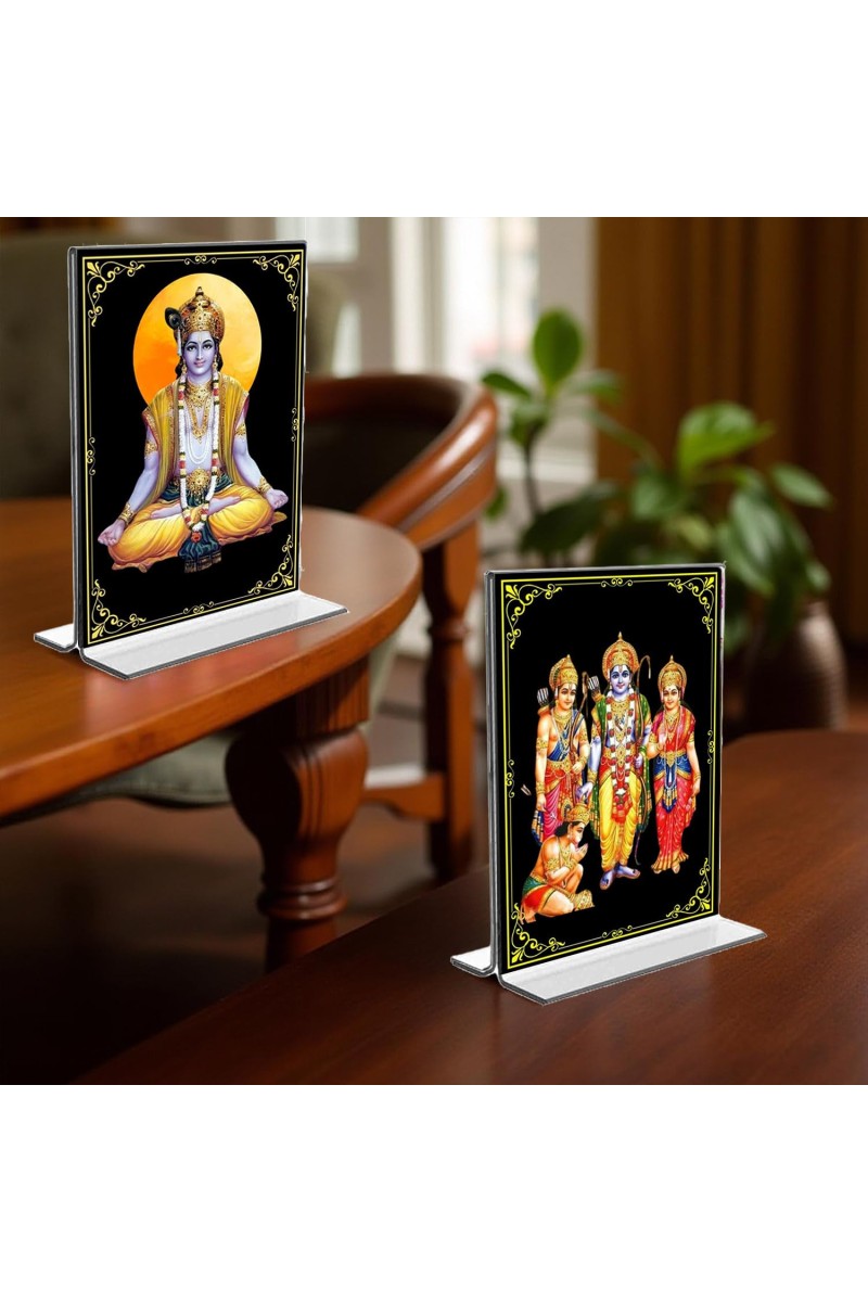 Sri Krishna & Ram Darbar Acrylic T-Style Photo Stand, Compact and Stylish Spiritual Display, easily change 2 photos (Pack of 1)