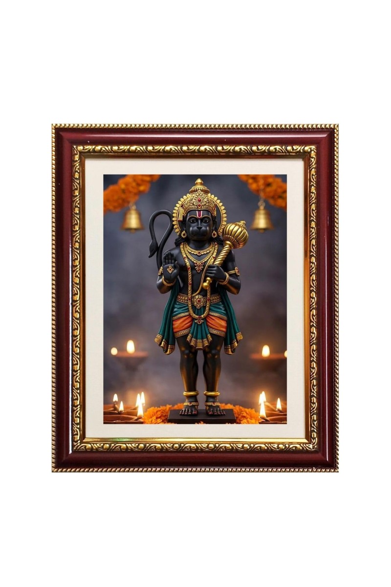 Lord Anjaneya swami Photo Frame - 14x18 Inches, Brown Wooden Frame for Home, Office & Temple Decoration