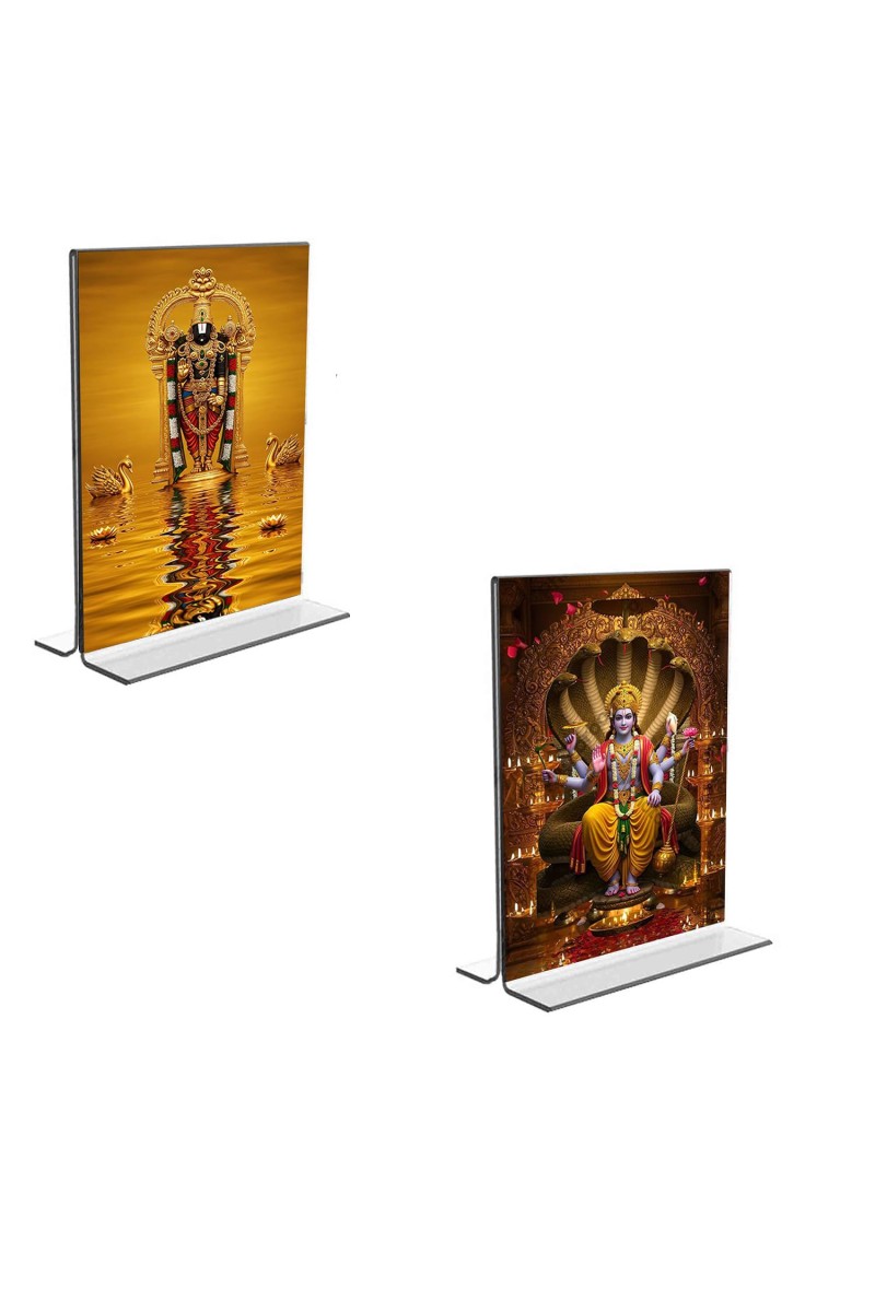 Car Desk/Table Top Lord Tirupati Balaji & Lord Vishnu Acrylic T-Style Photo Stand - 2.5x3.5 Inches, Compact and Stylish Spiritual Display, easily change 2 photos (Pack of 1)