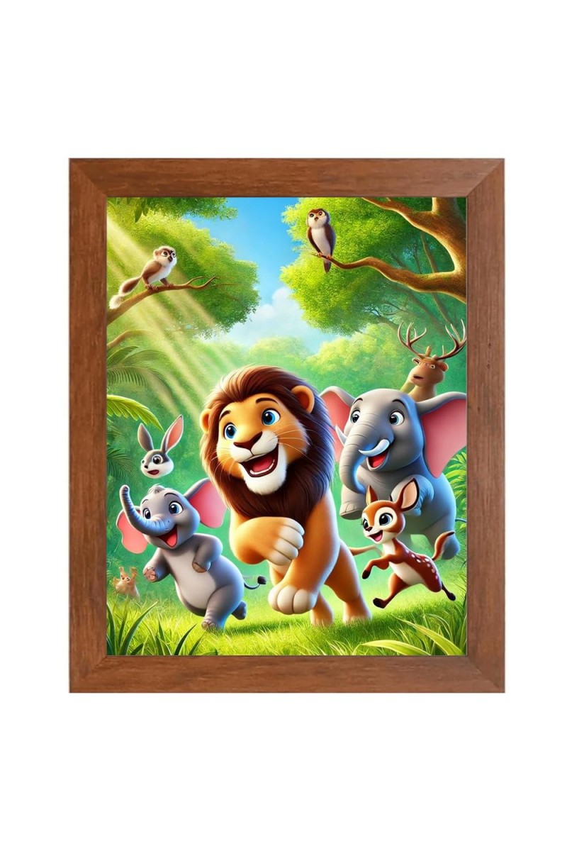 AI Funny Lion and elephant & birds Art Picture for Kids - 14x18 inches, Brown Color - Perfect Wall Decor for Children's Room
