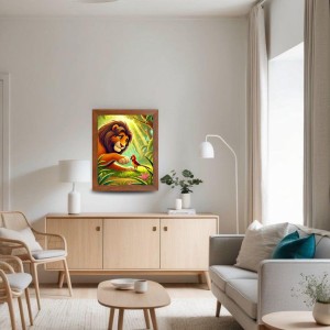 AI Funny Lion with bird Art Picture for Kids - 12x16 inches, Brown Color - Perfect Wall Decor for Children's Room
