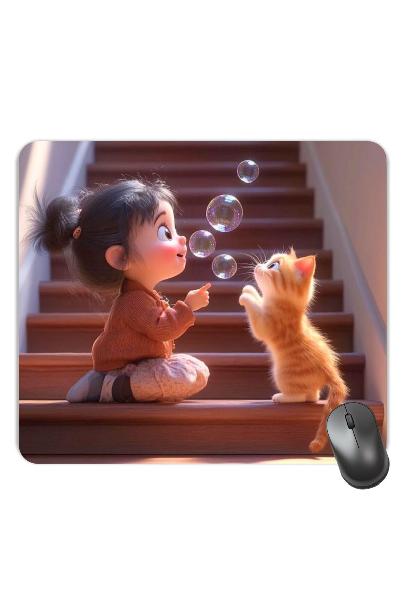 Customized Carton Girl and Cat Picture Sublimation Mouse Pad | 8 X 7.5 Inch | Smooth Cloth Surface | Non-Slip Rubber Base | Personalized Mousepad for Laptop & Desktop (F16980)