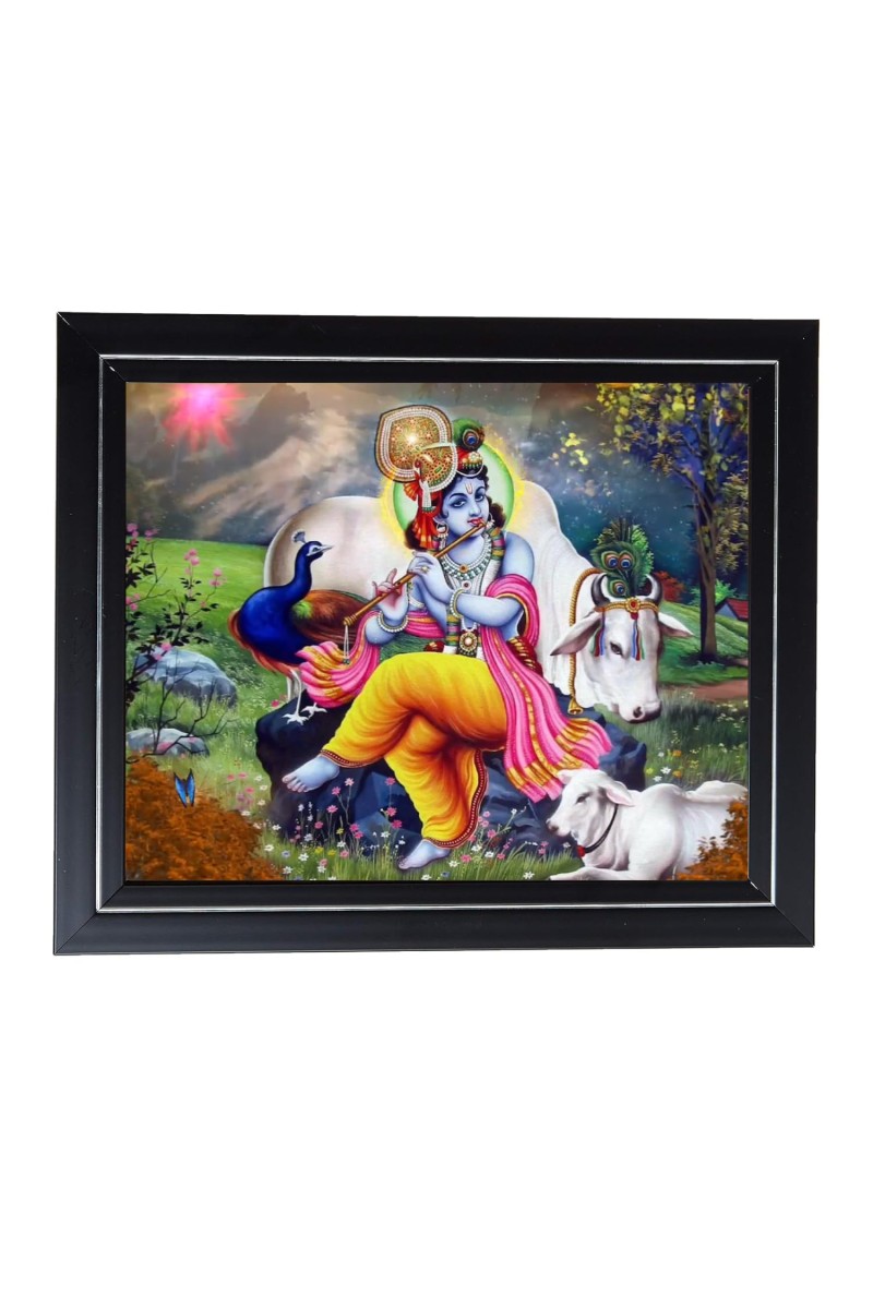 Hitech Sales Sri Krishna Photo Frame for Pooja Room, Temple Decor, Home Decoration and Gift (Wall and Tabletop, Rectangular, Printed Photo, 12 x 14 inches Frame, Brown)