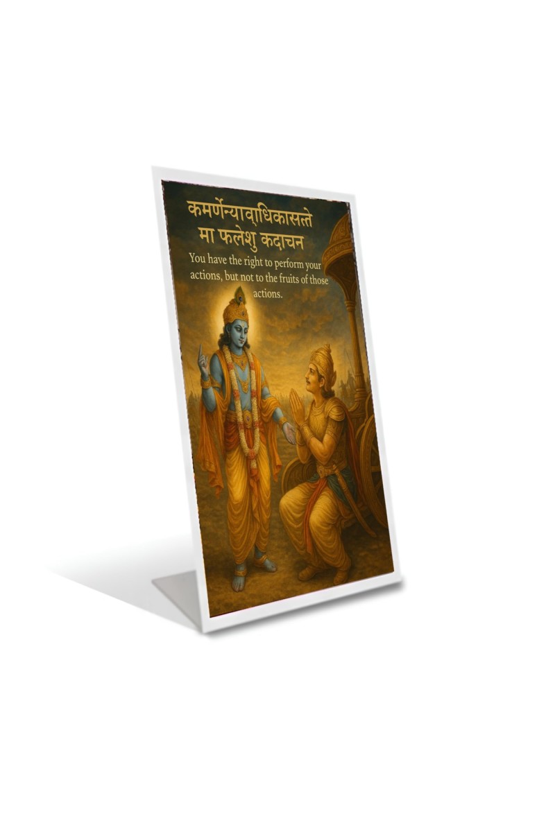 Car Desk/Table Top Lord Krishna And Arjuna. Acrylic L-Style Photo Stand - 2.5x3.5 Inches, Compact And Stylish Spiritual Display (F6679)