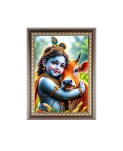 Bal Krishna With Cow Photo Frame - 10x14 Inches, Brown Wooden Frame for Home, Office & Temple Decoration