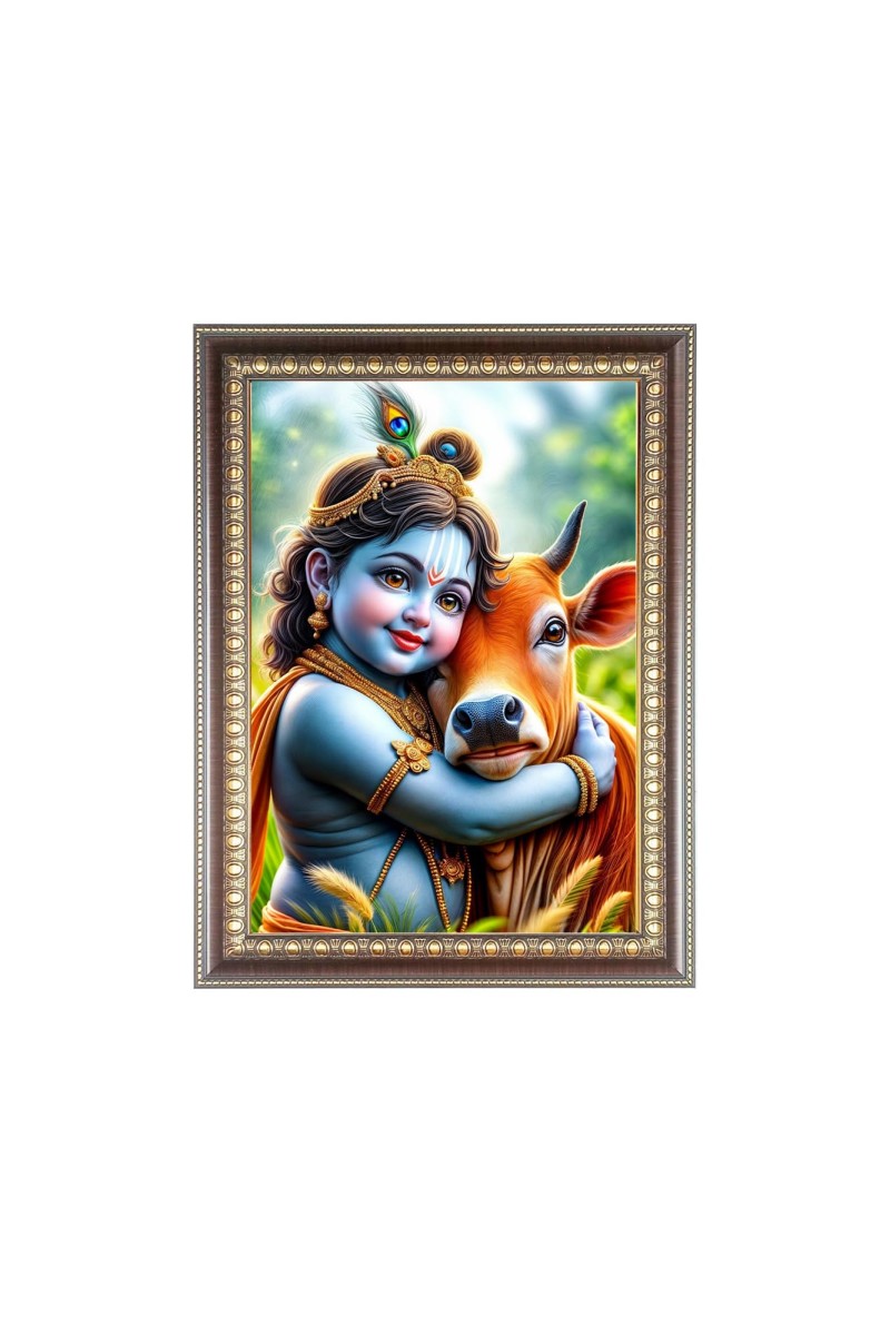 Bal Krishna With Cow Photo Frame - 10x14 Inches, Brown Wooden Frame for Home, Office & Temple Decoration