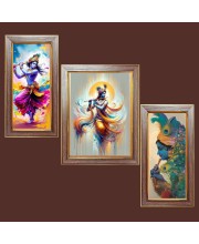 3-Pack Lord Sri Krishna painting Photo Frames - 2 Pieces 10x17 Inch & 1 Piece 14x17 Inch - Rustic Wall Art for Home & Office Decor - Botanical Wall Hanging for Living Room, Bedroom, or Workspace