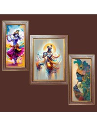 3-Pack Lord Sri Krishna painting Photo Frames - 2 Pieces 10x17 Inch & 1 Piece 14x17 Inch - Rustic Wall Art for Home & Office Decor - Botanical Wall Hanging for Living Room, Bedroom, or Workspace