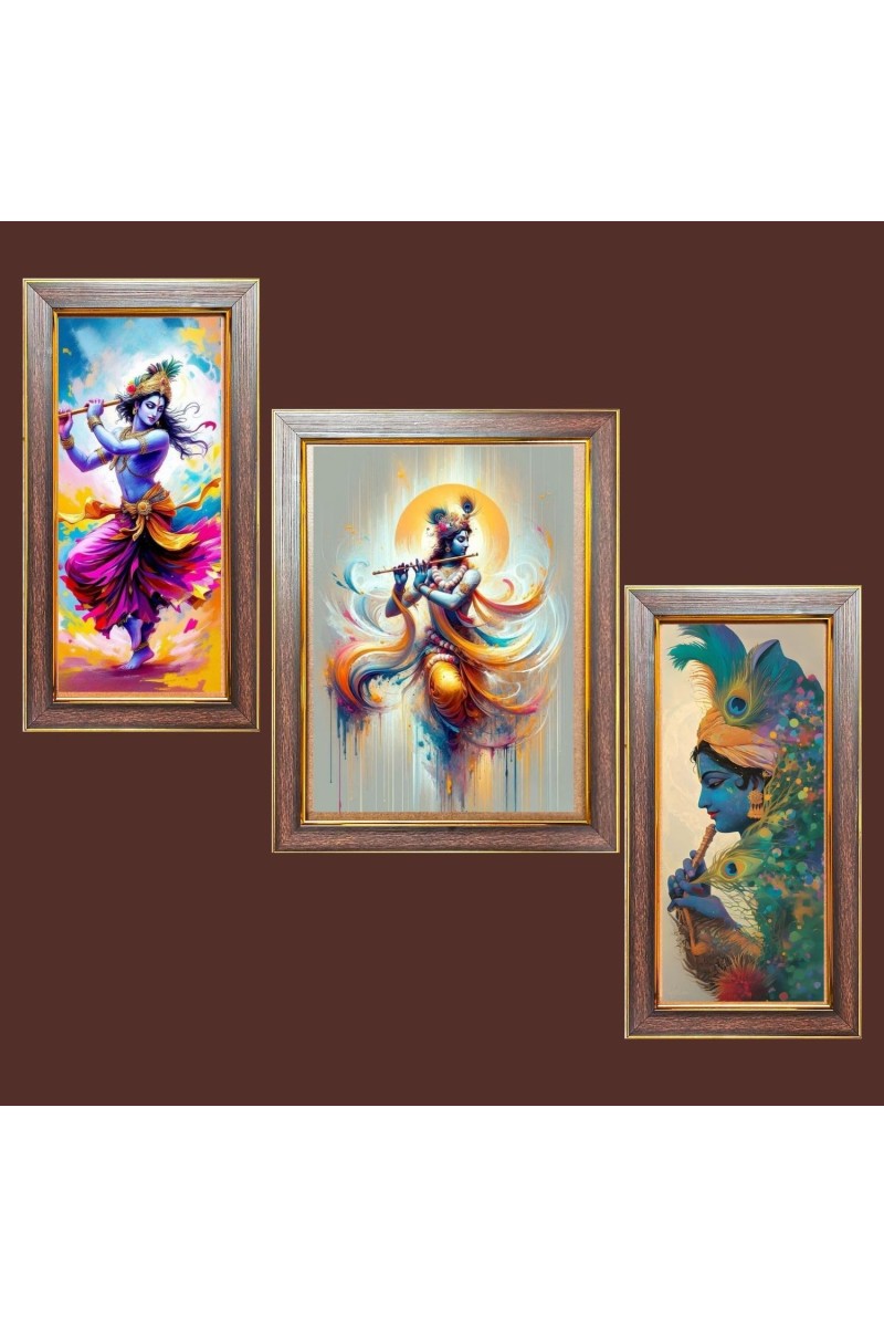 3-Pack Lord Sri Krishna painting Photo Frames - 2 Pieces 14x21 Inch & 1 Piece 18x21 Inch - Rustic Wall Art for Home & Office Decor - Botanical Wall Hanging for Living Room, Bedroom, or Workspace
