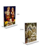 Car Desk/Table Top Sri Krishna and Sri Radha Acrylic T-Style Photo Stand - 2.5x3.5 Inches, Compact and Stylish Spiritual Display, easily change 2 photos (Pack of 1)