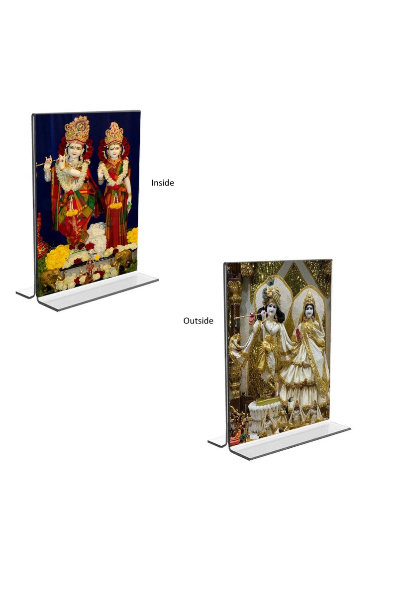 Car Desk/Table Top Sri Krishna and Sri Radha Acrylic T-Style Photo Stand - 2.5x3.5 Inches, Compact and Stylish Spiritual Display, easily change 2 photos (Pack of 1)