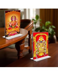 Debi Lakshmi & Lord Tirupati Balaji Acrylic T-Style Photo Stand - 9x11 Inches, Compact and Stylish Spiritual Display, easily change 2 photos (Pack of 1)