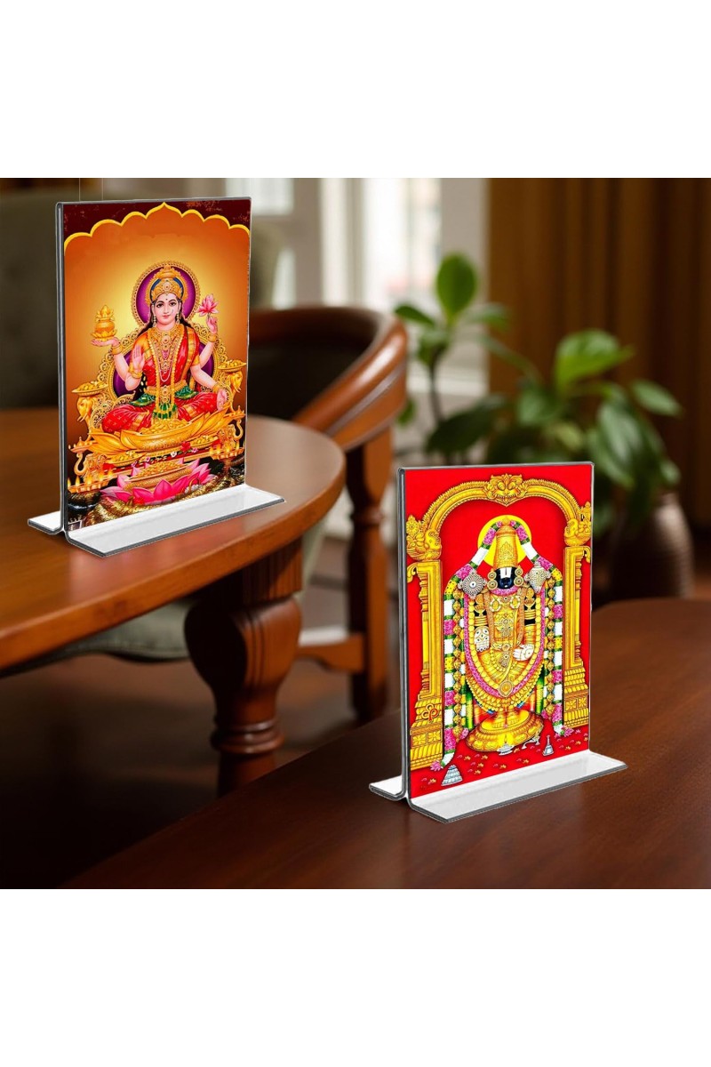 Debi Lakshmi & Lord Tirupati Balaji Acrylic T-Style Photo Stand - 9x11 Inches, Compact and Stylish Spiritual Display, easily change 2 photos (Pack of 1)