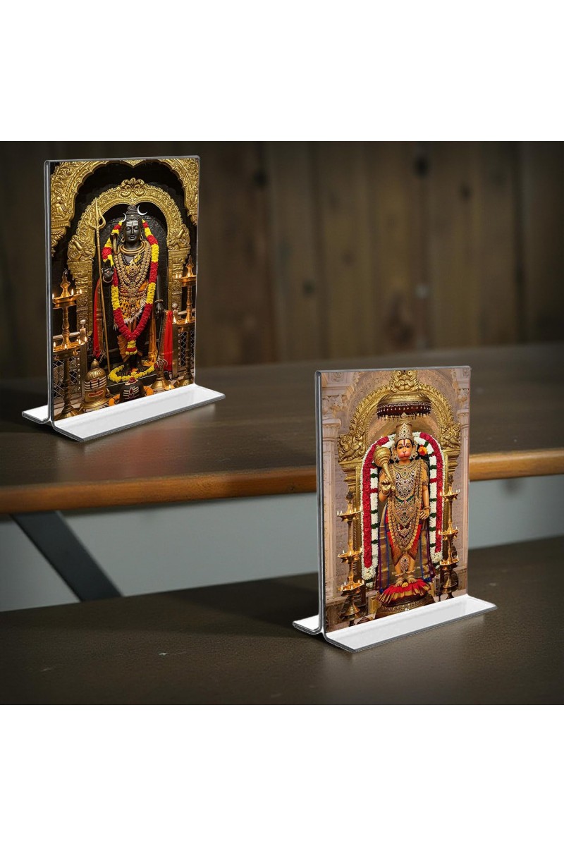 Lord Shiva & Sri Hanuman Acrylic T-Style Photo Stand, Compact and Stylish Spiritual Display, easily change 2 photos (Pack of 1)