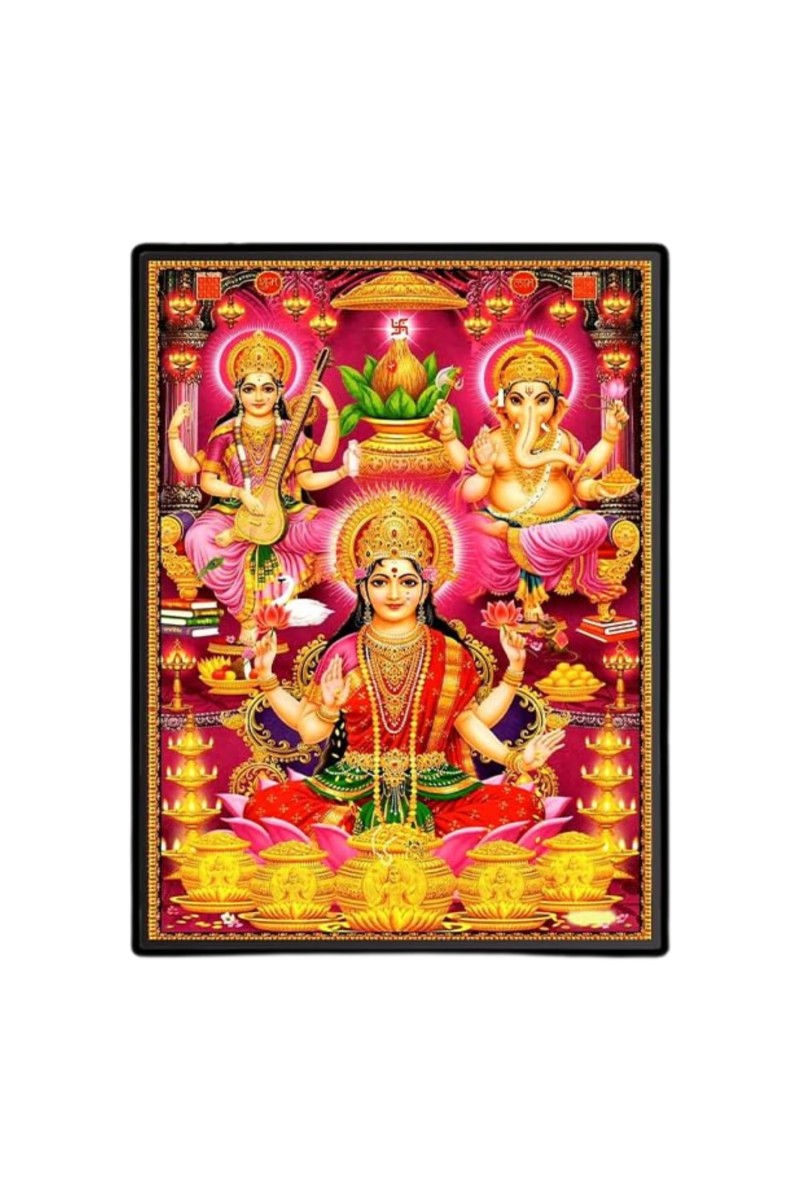 Maa Lakshmi Saraswati & Lord Ganesh Laminated Photo - 11x13 Inches, Divine Blessings for Home & Office and Temple Decoration
