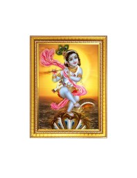 Bal Krishna Dancing On Kaliya Naag Photo Frame - 18x22 Inches, Brown Wooden Frame for Home, Office & Temple Decoration