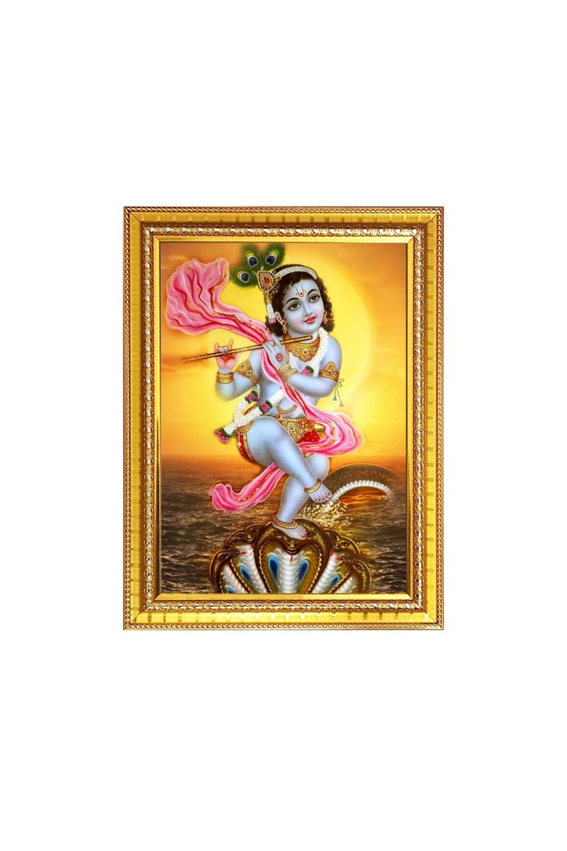 Bal Krishna Dancing On Kaliya Naag Photo Frame - 16x20 Inches, Brown Wooden Frame for Home, Office & Temple Decoration