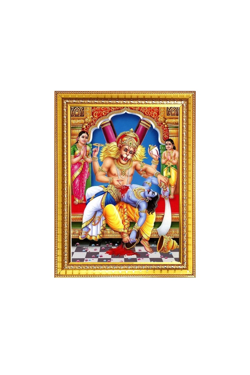 Lord Narasimha Photo Frame - 12x16 Inches, Brown Wooden Frame for Home, Office & Temple Decoration