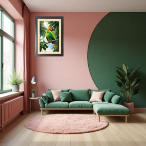 The colorful bird is sitting on tree branch Black Photo Frame Funny Animal and Bird Cartoon Art