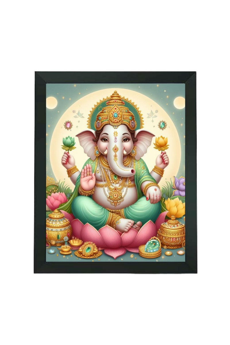 Hitech Sales Shree Shree Ganesh ji Polystyrene Photo Frame for Pooja Room, Temple Decor, Home Decoration and Gifting (Wall and Tabletop, Rectangular, Printed Photo, 7.12 x 9.12 inches Frame, Black)