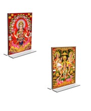Car Desk/Table Top Maa Lakhsmi Sri Ganesh Maa Saraswati Acrylic T-Style Photo Stand - 2.5x3.5 Inches, Compact and Stylish Spiritual Display, easily change 2 photos (Pack of 1)