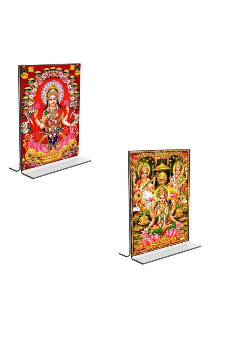 Car Desk/Table Top Maa Lakhsmi Sri Ganesh Maa Saraswati Acrylic T-Style Photo Stand - 2.5x3.5 Inches, Compact and Stylish Spiritual Display, easily change 2 photos (Pack of 1)