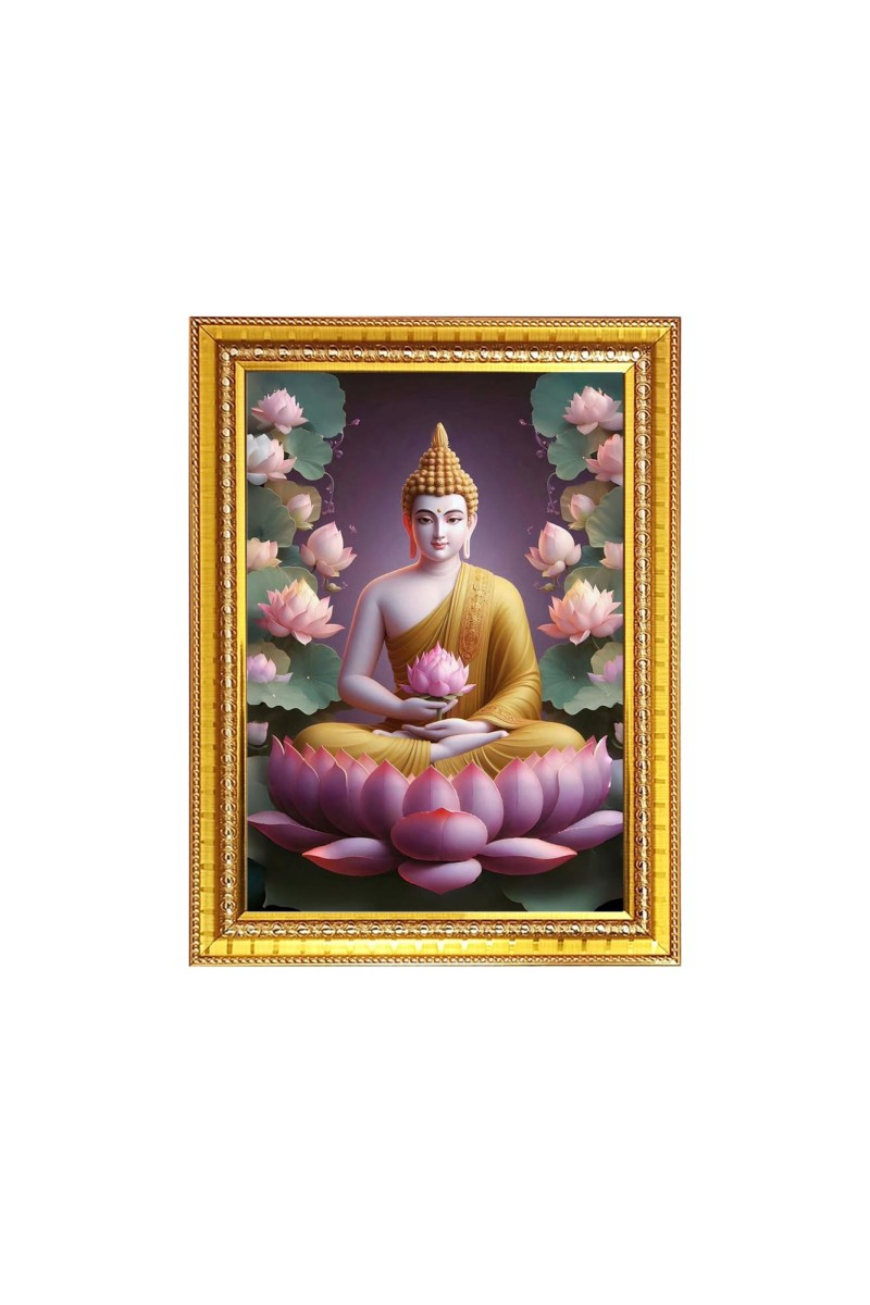 Lord Buddha Photo Frame - 10x14 Inches, Brown Wooden Frame for Home, Office & Temple Decoration