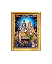 Lord Shiva Parvati with Bal Ganesh and kartikeya ji With nandi cow Photo Frame - 10x14 Inches, Brown Wooden Frame for Home, Office & Temple Decoration
