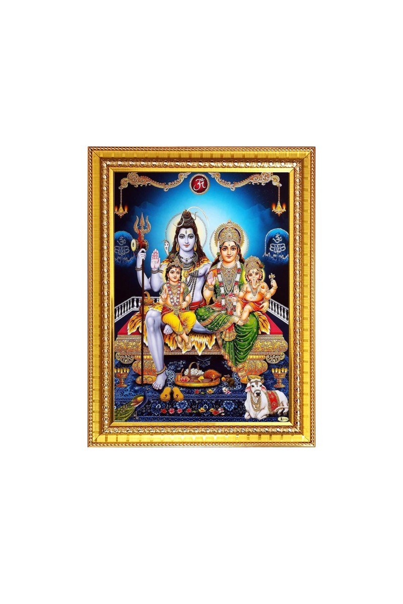 Lord Shiva Parvati with Bal Ganesh and kartikeya ji With nandi cow Photo Frame - 10x14 Inches, Brown Wooden Frame for Home, Office & Temple Decoration