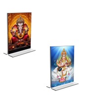 Car Desk/Table Top Sri Ganesh & Maa Saraswati Acrylic T-Style Photo Stand - 2.5x3.5 Inches, Compact and Stylish Spiritual Display, easily change 2 photos (Pack of 1)