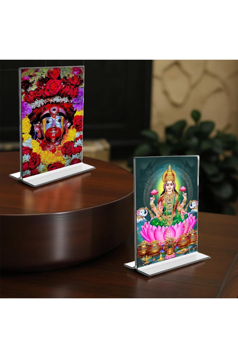 Debi Tara & Debi Lakhsmi Acrylic T-Style Photo Stand, Compact and Stylish Spiritual Display, easily change 2 photos (Pack of 1)