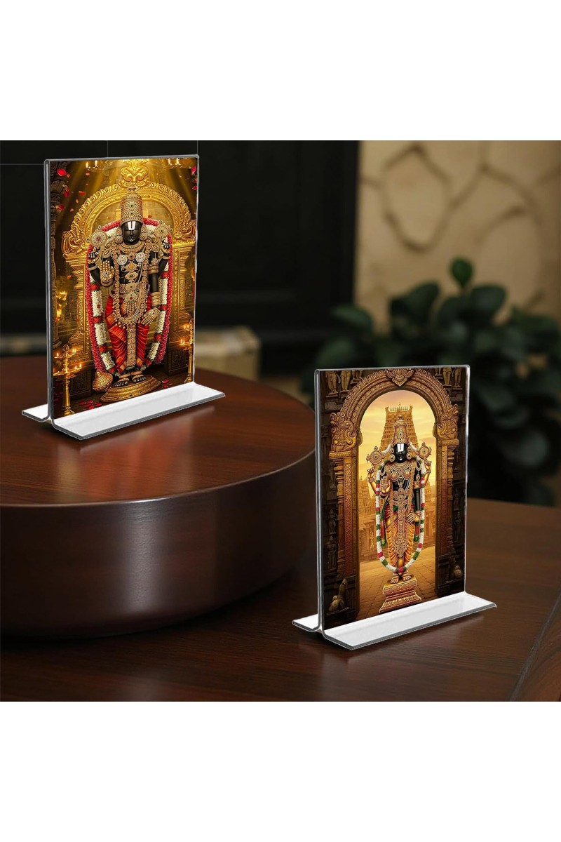 Lord Tirupati Balaji Acrylic T-Style Photo Stand, Compact and Stylish Spiritual Display, easily change 2 photos (Pack of 1)