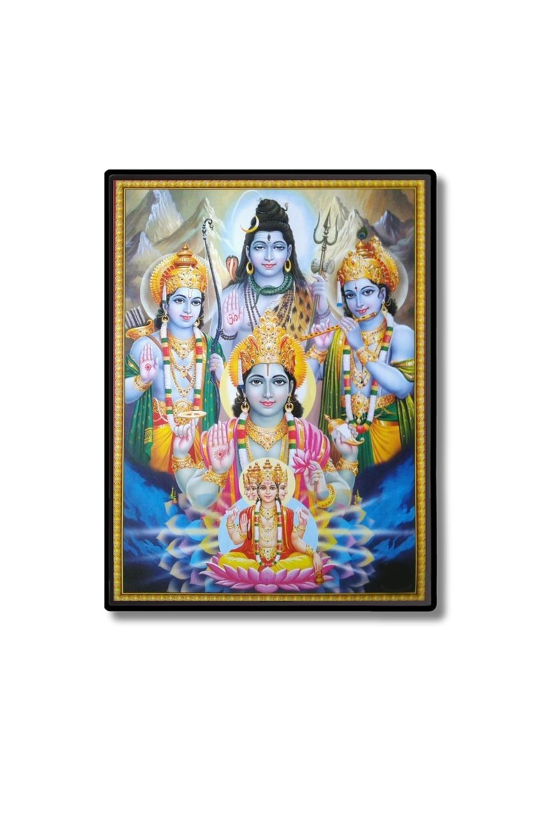 Brahma Vishnu Shiva Ram Krishna Laminated Photo - 5x7 Inches, Divine Blessings for Home & Office and Temple Decoration