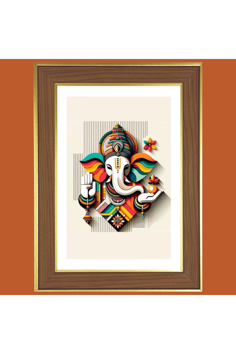 Lord Ganapathi Bappa Photo Frame - 10x14 Inches, Brown Wooden Frame for Home, Office & Temple Decoration